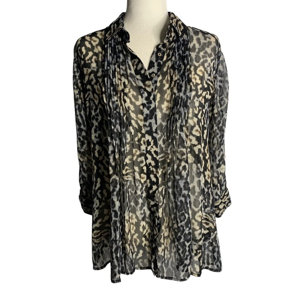Sheer Leopard Print Button Up Blouse S Black Pin Tuck Pleats 3/4 Sleeves Collar